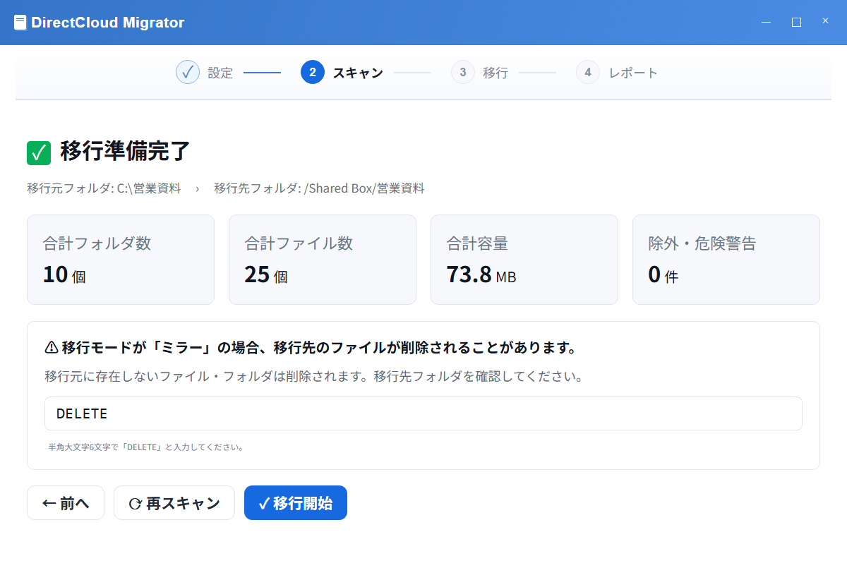 スキャン結果とミラーモードのDELETE確認欄